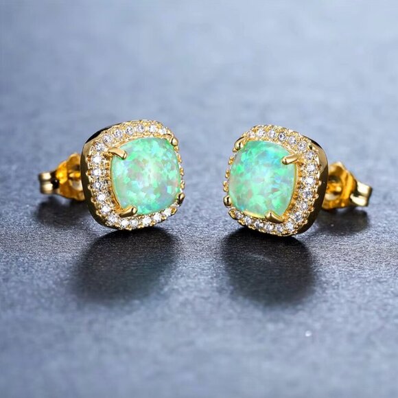 NEW 18k Gold Green Opal Diamond Earrings Cushion Cut Stud Earrings - Picture 3 of 4